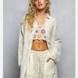 POL Cream Crochet Button-Up Shirt one size